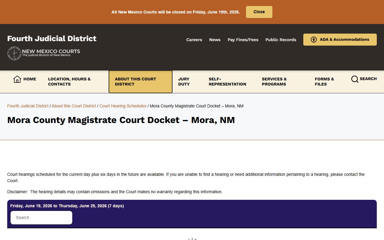 Mora County court dockets Magistrate Court hearing schedule