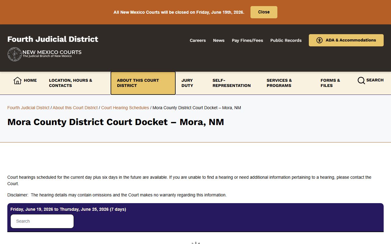 Mora County court dockets District Court hearing schedule
