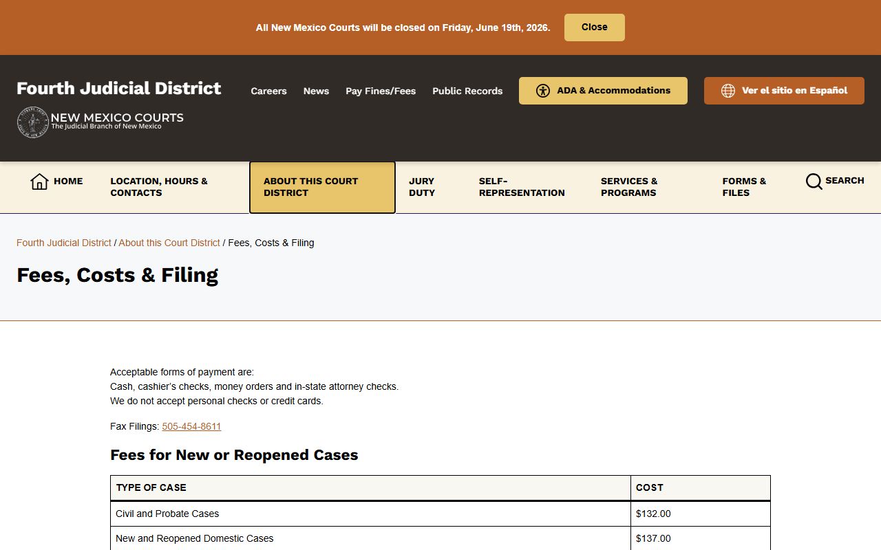 Mora County court records Fourth District fees